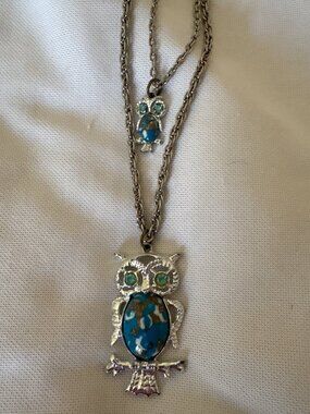 Vintage Owl Pendant Necklace With Turquoise & Green Gemstones Double Chain Desig